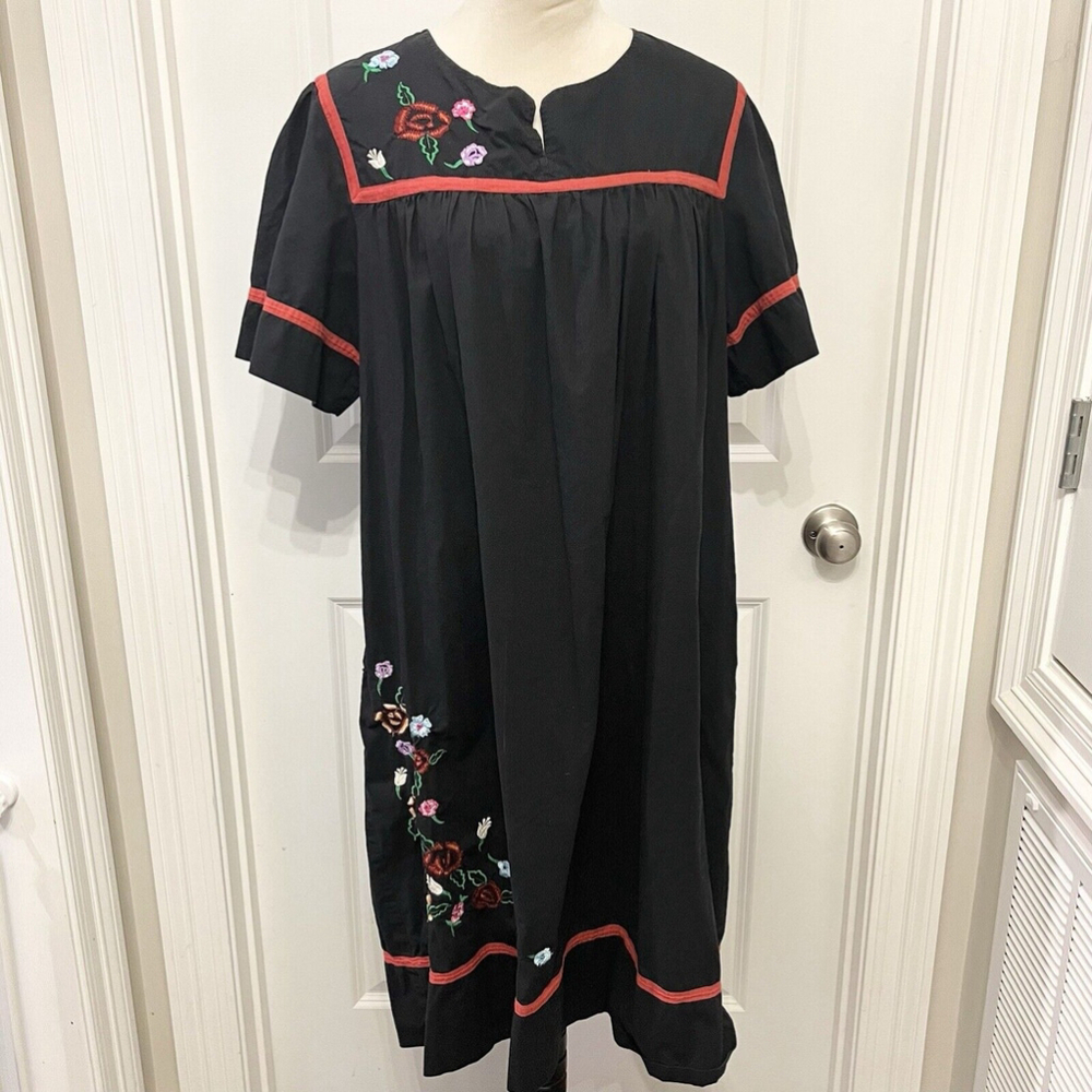 Marisol Black Embroidered Floral‎ Dress Mumu 100% Cotton Women’s SZ XL